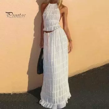 2 шт./компл., женский топ, длинная юбка, костюм на шнуровке, с бретелькой на шее, с прозрачной сборкой, с открытой спиной, с высокой талией, плиссированное пляжное бикини без рукавов с открытыми плечами L белый