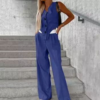 2 шт./компл. женский топ и брючный костюм без рукавов с v-образным вырезом, однобортный жилет нестандартной формы, эластичный высокий XL темно-серого