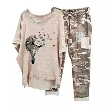 2 шт./компл. женский топ и брюки, комплект с круглым вырезом, цветочным камуфляжным принтом, неровный подол, короткие рукава M