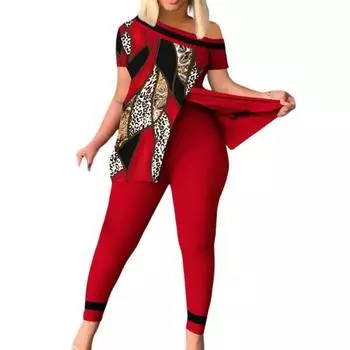 2 шт./компл., женский топ и брюки, комплект с леопардовым принтом, на одно плечо, с разрезом подол, с короткими рукавами, клубная одежда, женская летняя одежда, женская одежда XXXL красный