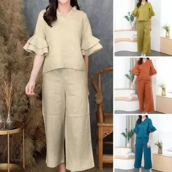 2 шт./компл. женский топ и брюки, комплект с v-образным вырезом и рюшами на рукавах, большие размеры, повседневный однотонный цвет с рюшами на манжетах, свободный до половины рукава XL светло-желтого