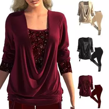 2 шт./компл. женский топ и брюки, комплект контрастного цвета с блестящими пайетками, мешковатый комплект из двух предметов с длинными рукавами, теплый повсед... 5XL чёрный