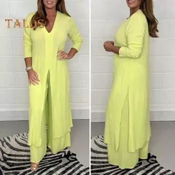 2 шт./компл. женский топ и брюки костюм с разрезом подол однотонный свободный V-образный вырез с длинными рукавами широкие брюки эластичная талия мягкая дышащая повседневная женская футболка M жёлтый