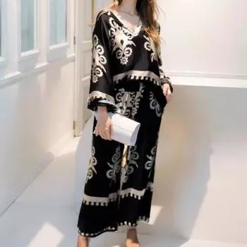 2 шт./компл. женский топ и брюки, комплект в стиле ретро с нерегулярным принтом, топ с длинными рукавами и широкими штанинами, высокая высота M чёрный