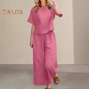 2 шт./компл., женский топ и брюки, комплект с круглым вырезом, сплошной цвет, футболка с короткими рукавами, регулируемая талия, широкие брюки, повседневная футболка, комплект брюк S розовый