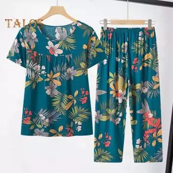 2 шт./компл. Женский топ и брюки с цветочным принтом и круглым вырезом, свободные цвета, с коротким рукавом, в стиле ретро, с эластичной резинкой на талии, с широкими штанинами, мягкие, дышащие, для бабушки, на каждый день XL синий