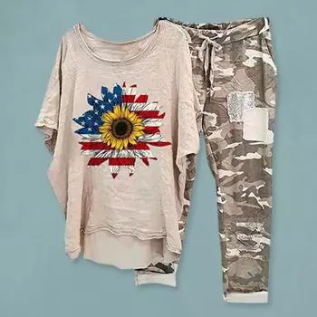 2 шт./компл. женский топ и брюки, комплект с круглым вырезом, цветочным камуфляжным принтом, неровный подол, короткие рукава, свободный эластичный шнурок M