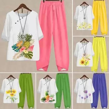 2 шт./компл. женский топ и брюки, комплект с цветочным принтом и круглым вырезом, свободные пуговицы, декор в стиле ретро, эластичная талия, широкие брюки, мягкая дышащая повседневная футболка, комплект брюк S жёлтый/зелёный