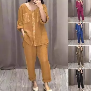 2 шт./компл. женский топ и брюки, комплект с круглым вырезом, однотонный, с блестящими пайетками, с рукавами три четверти, с 2XL коричневый