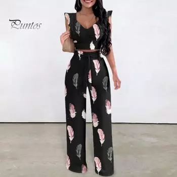 2 шт./компл., женский топ и брюки, комплект с V-образным вырезом, летающими рукавами, жилет с принтом перьев, высокая эластичная талия, шнуровка, широкие штаны, OL, формальный женский наряд для поездок на работу S белый