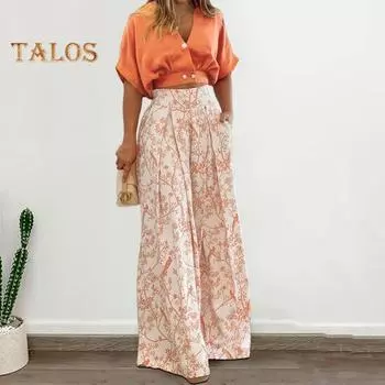 2 шт./компл. женский топ и брюки, комплект с короткими рукавами, V-образным вырезом, однотонный укороченный топ с высокой талией, широкие брюки, прямые брюки с принтом, женская блузка, брюки, повседневный комплект L чёрный