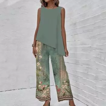 2 шт./компл., женский топ и брюки, комплект без рукавов с круглым вырезом, нестандартный жилет с широкими штанинами, свободные брюки с эластичной резинкой на талии, повседневная женская одежда в стиле ретро M светло-зеленый