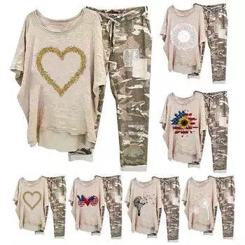 2 шт./компл. женский топ и брюки, комплект с круглым вырезом, цветочным камуфляжным принтом, неровный подол, короткие рукава 3XL