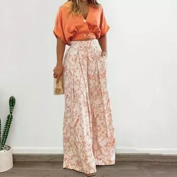 2 шт./компл. женский топ и брюки, комплект с короткими рукавами и V-образным вырезом, однотонный укороченный топ L чёрный