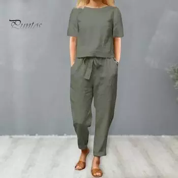 2 шт./компл., женский топ и брюки, комплект с круглым вырезом, сплошной цвет, футболка с короткими рукавами, регулируемая талия на шнуровке, широкие брюки, повседневная футболка, комплект брюк S армия зеленый