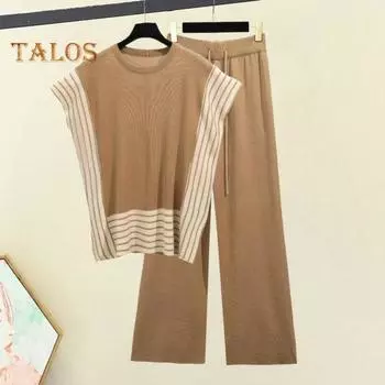 2 шт./компл., женский топ и брюки, комплект с круглым вырезом без рукавов, вязаный полосатый свободный лоскутный комплект контрастного цвета с высокой талией, повседневная домашняя одежда, жилет из двух частей, брюки верблюд