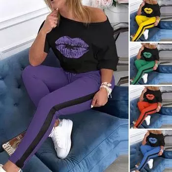 2 шт./компл., женский топ и брюки, комплект с круглым вырезом, принтом губ, контрастного цвета, с длинными рукавами, облегающие брюки, спортивные брюки с эластичной резинкой на талии M жёлтый