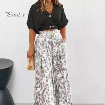 2 шт./компл. женский топ и брюки, комплект с короткими рукавами, V-образным вырезом, однотонный укороченный топ с высокой талией, широкие брюки, прямые брюки с принтом, женская блузка, брюки, повседневный комплект L чёрный