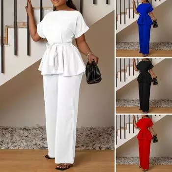 2 шт./компл., женский топ и брюки, комплект на шнуровке, тонкая талия, круглый вырез, короткие рукава, блузка с высокой талией, широкие штаны, OL, наряд в деловом стиле для поездок на работу XL чёрный