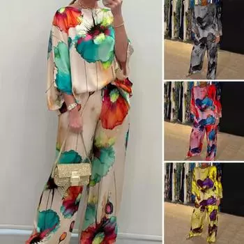 2 шт./компл. женский топ и брюки, комплект ярких цветов с цветочным принтом, рукава «летучая мышь» три четверти, футболка с круглым вырезом, широкая штанина, глубокая промежность, эластичная резинка на талии, свободная 2XL зелёный