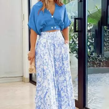 2 шт./компл. женский топ и брюки, комплект с короткими рукавами, V-образным вырезом, однотонный укороченный топ с высокой талией, широкие брюки, прямые брюки с принтом, женская блузка, брюки, повседневный комплект L чёрный