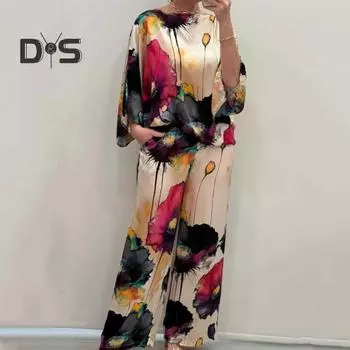 2 шт./компл. Женский топ и брюки. Яркий цветной цветочный принт. Футболка с рукавами «летучая мышь три четверти» и круглым вырезом. Широкие штанины. Глубокая промежность. Эластичная талия. Свободная повседневная одежда. XL зелёный