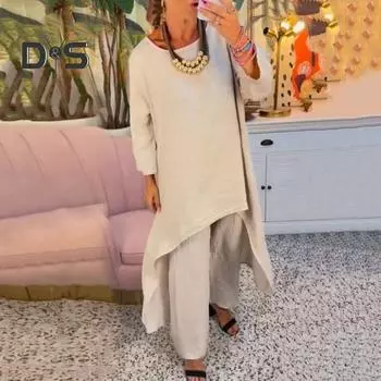 2 шт./компл. женский топ и брюки, комплект, однотонный, с круглым вырезом, с длинным рукавом, средней длины, нерегулярный подол, топ с широкими штанинами, эластичная талия, свободные брюки, одежда для поездок на работу, блузка XL чёрный