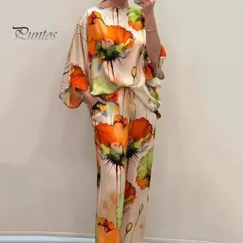 2 шт./компл. Женский топ и брюки. Яркий цветной цветочный принт. Футболка с рукавами «летучая мышь три четверти» и круглым вырезом. Широкие штанины. Глубокая промежность. Эластичная талия. Свободная повседневная одежда. XL зелёный