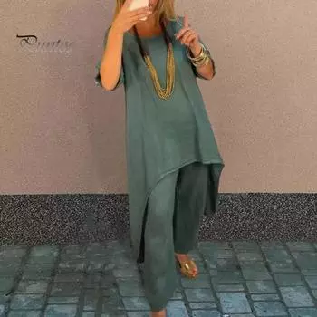 2 шт./компл. женский топ и брюки, комплект, однотонный, с круглым вырезом, с длинным рукавом, средней длины, нерегулярный подол, топ с широкими штанинами, эластичная талия, свободные брюки, одежда для поездок на работу, блузка XXXL королевский синий