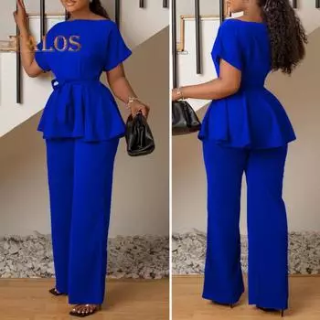 2 шт./компл., женский топ и брюки, комплект на шнуровке, тонкая талия, круглый вырез, короткие рукава, блузка с высокой талией, широкие штаны, OL, наряд в деловом стиле для поездок на работу 2XL синий