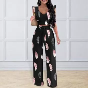 2 шт./компл., женский топ и брюки, комплект с V-образным вырезом, летающими рукавами, жилет с принтом перьев, высокая эластичная талия, шнуровка, широкие штаны, OL, формальный женский наряд для поездок на работу S белый