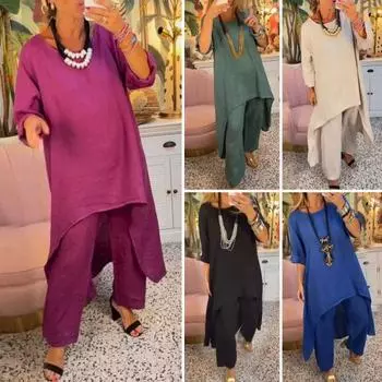 2 шт./компл. женский топ и брюки, однотонный топ с круглым вырезом и длинным рукавом средней длины IrCasual Hem Top XXXL королевский синий