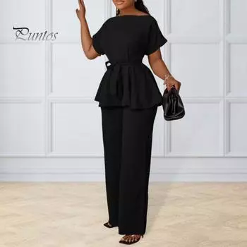 2 шт./компл., женский топ и брюки, комплект на шнуровке, тонкая талия, круглый вырез, короткие рукава, блузка с высокой талией, широкие штаны, OL, наряд в деловом стиле для поездок на работу XL синий