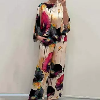 2 шт./компл. Женский топ и брюки. Яркий цветной цветочный принт. Футболка с рукавами «летучая мышь три четверти» и круглым вырезом. Широкие штанины. Глубокая промежность. Эластичная талия. Свободная повседневная одежда. 2XL зелёный