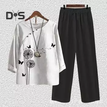 2 шт./компл. женский топ и брюки, комплект в стиле ретро с принтом листьев, широкая эластичная резинка на талии, с половиной рукавом, круглый вырез, свободная футболка среднего размера для женщин среднего возраста, повседневная футболка для мамы 3XL светл