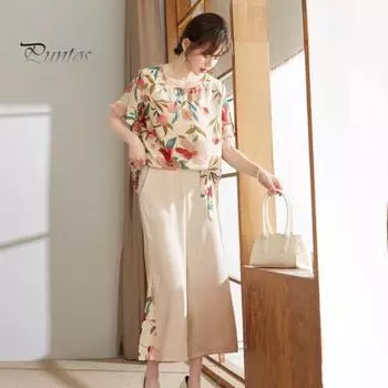 2 шт./компл., женский топ, комплект брюк, цветочный принт, рюшами на рукавах и круглым вырезом, рубашка с широкими штанинами, лоскутные свободные укороченные брюки, повседневная повседневная одежда, наряд M абрикосовый