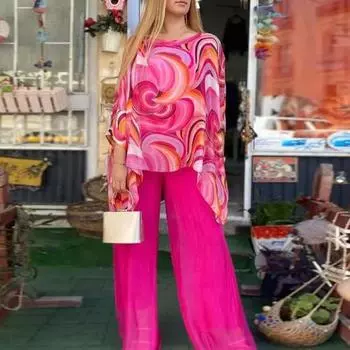2 шт./компл., женский топ, комплект брюк с круглым вырезом, красочный принт, нерегулярный подол, рукав «летучая мышь», свободный топ с высокой талией, широкие брюки, повседневная повседневная одежда 4XL фиолетовый