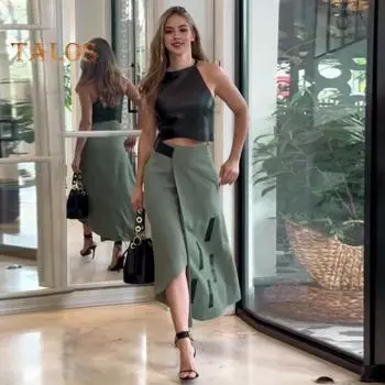 2 шт./компл., женский топ, комплект с юбкой, соответствующий цвету, с открытыми плечами, без рукавов, с регулируемой высокой талией, неровный подол, с бретелькой на шее, OL, жилет в коммутационном стиле, макси-юбка S чёрный