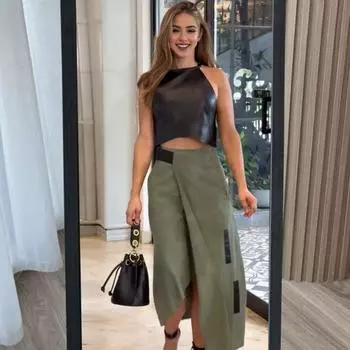 2 шт./компл., женский топ, комплект с юбкой, соответствующий цвету, с открытыми плечами, без рукавов, с регулируемой высокой талией, неровный подол, с бретелькой на шее, OL, жилет в коммутационном стиле, макси-юбка M чёрный