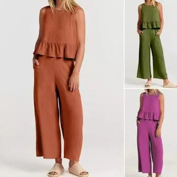 2 шт./компл. Женский топ на бретелях и брюки, комплект с круглым вырезом, без рукавов, с рюшами и подолом, свободный топ на пуговицах сзади M розы красного