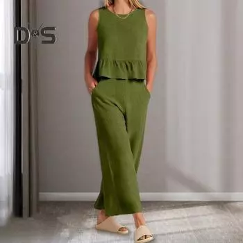 2 шт./компл., женский топ на бретелях, комплект брюк с круглым вырезом, без рукавов, с рюшами по подолу, свободный топ на пуговицах сзади, высокая талия, широкие брюки, повседневный жилет для повседневного ношения M розы красного