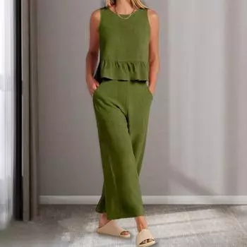 2 шт./компл., женский топ на бретелях, комплект брюк с круглым вырезом, без рукавов, с рюшами по подолу, свободный топ на пуговицах сзади, высокая талия, широкие брюки, повседневный жилет для повседневного ношения M розы красного