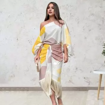 2 шт./компл., женский топ с юбкой, комплект на одно плечо, с длинными рукавами-фонариками, в тон, с кисточками, с высокой талией, свободные мешковатые сумки S бежевый