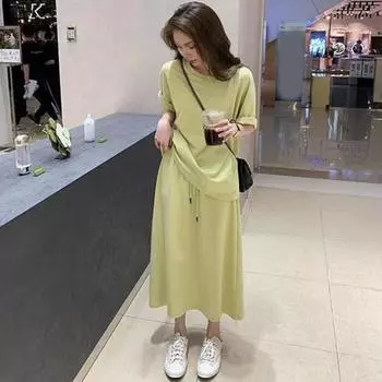 2 шт./компл. Женский топ с юбкой, комплект с круглым вырезом, сплошной цвет, футболка с короткими рукавами, плиссированная макси-юбка с регулируемой талией, повседневный комплект футболок для свиданий XXL серый