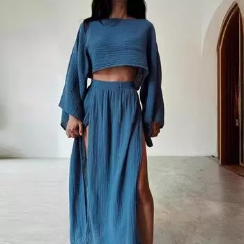 2 шт./компл. женский укороченный топ с юбкой, комплект с длинным рукавом и наклонным вырезом, короткий топ с высоким воротником M светло-зеленый