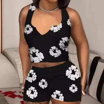 2 шт./компл., женский укороченный топ, шорты, костюм без рукавов, эластичный жилет с V-образным вырезом, высокая талия, узкие шорты с принтом, повседневная домашняя одежда, спортивный топ, комплект брюк XXXL