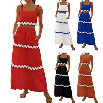 2 шт./компл., женский укороченный топ, юбка, костюм, соответствующий цвету, волнистая полоска, квадратный вырез, без рукавов, эластичный шнурок с высокой талией, карманы, майка, комплект юбки M белый