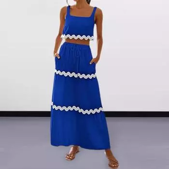 2 шт./компл., женский укороченный топ, юбка, костюм, соответствующий цвету, волнистая полоска, квадратный вырез, без рукавов, эластичный шнурок с высокой талией, карманы, майка, комплект юбки M белый