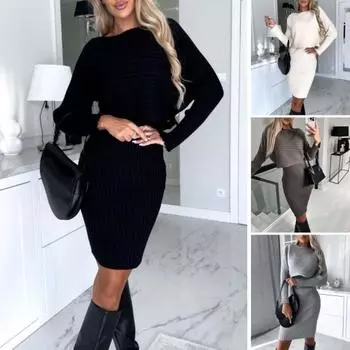 2 шт./компл., женский верхний костюм, полосатый вязаный сплошной цвет, без рукавов, с v-образным вырезом, платье-футляр с длинными рукавами, свободный топ, эластичный, мягкий, теплый, свободный миди XL темно-коричневого