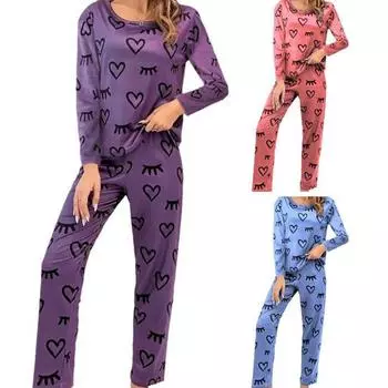 2 шт./компл., женский весенний пижамный комплект с принтом сердца, круглым вырезом, длинными рукавами, мягкая эластичная талия, тонкая повседневная домашняя одежда, комплект из двух предметов, брюки M синий